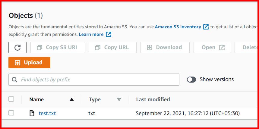 Picture showing the text file uploaded in S3 bucket